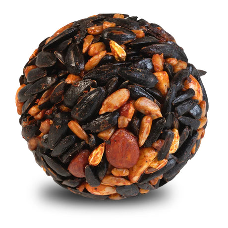 Sizzling Hot Pepper Seed Balls featuring black oil sunflower seeds, peanut pieces, and grains, designed to attract birds while deterring squirrels with spicy capsaicin.