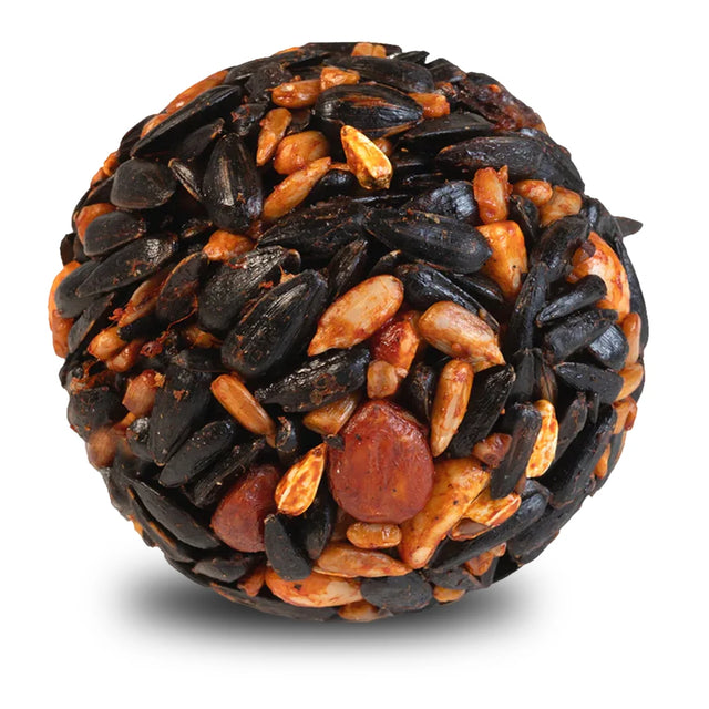 Sizzling Hot Pepper Seed Balls featuring black oil sunflower seeds, peanut pieces, and grains, designed to attract birds while deterring squirrels with spicy capsaicin.
