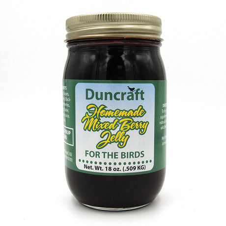 Duncraft Mixed Berry Jelly in an 18 oz. mason jar with a lid, labeled for bird feeding, Non GMO, made with cane sugar and mixed berries.