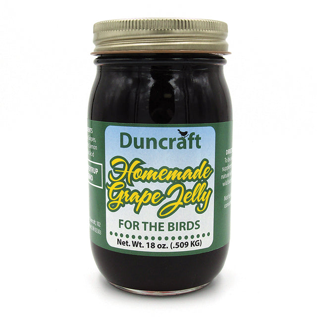 Duncraft Grape Jelly in an 18 oz. glass jar with a label. Ideal for attracting fruit-eating birds, made with Non GMO ingredients.