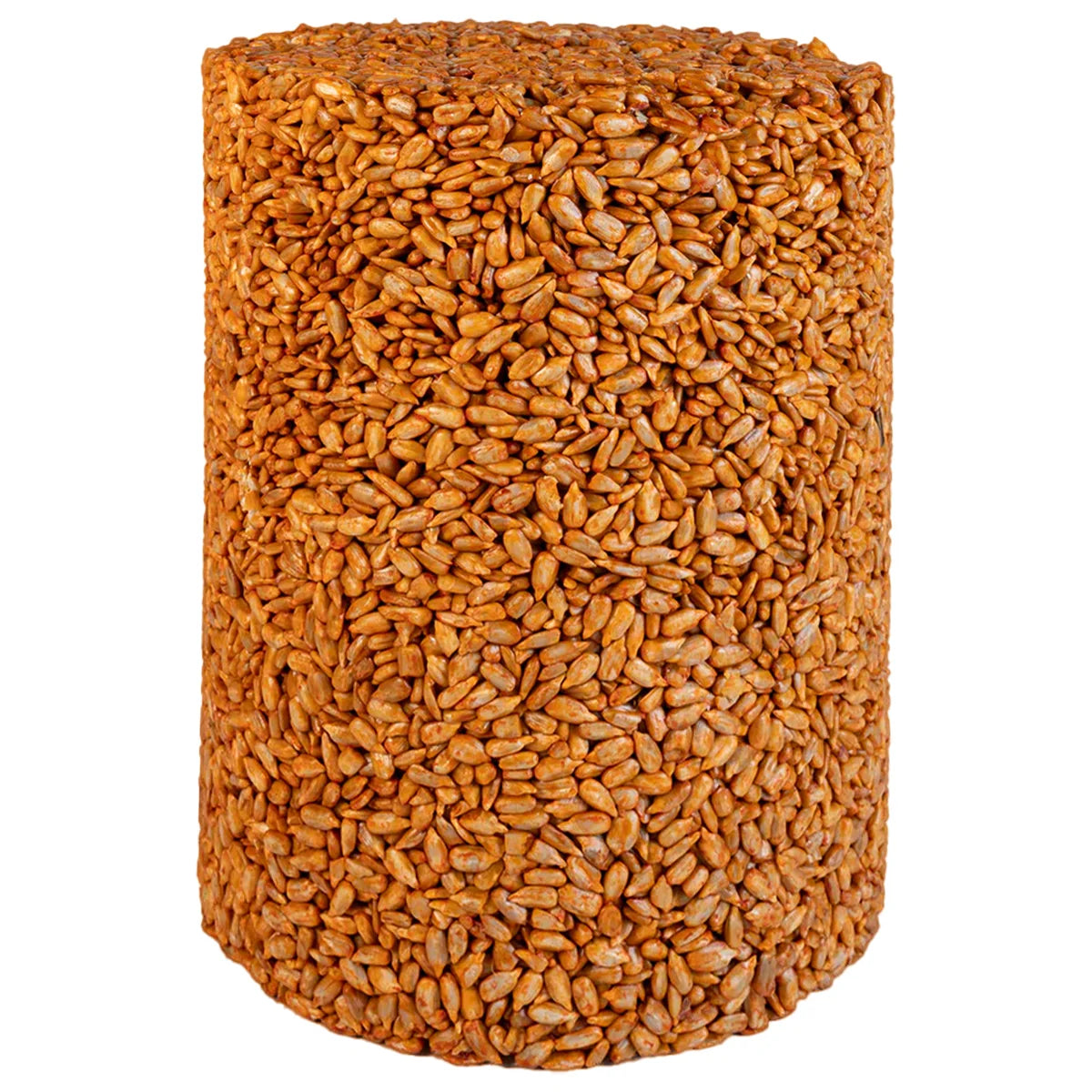 Sizzling Hearts Seed Cylinder, Small: A compact cylinder of pressed sunflower seeds and suet, infused with capsaicin to attract birds and deter squirrels.