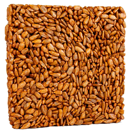 Sizzling Hearts Seed Cake, Small: A square snack bar of hulled sunflower seeds bound together, designed to attract birds while deterring squirrels with capsaicin.