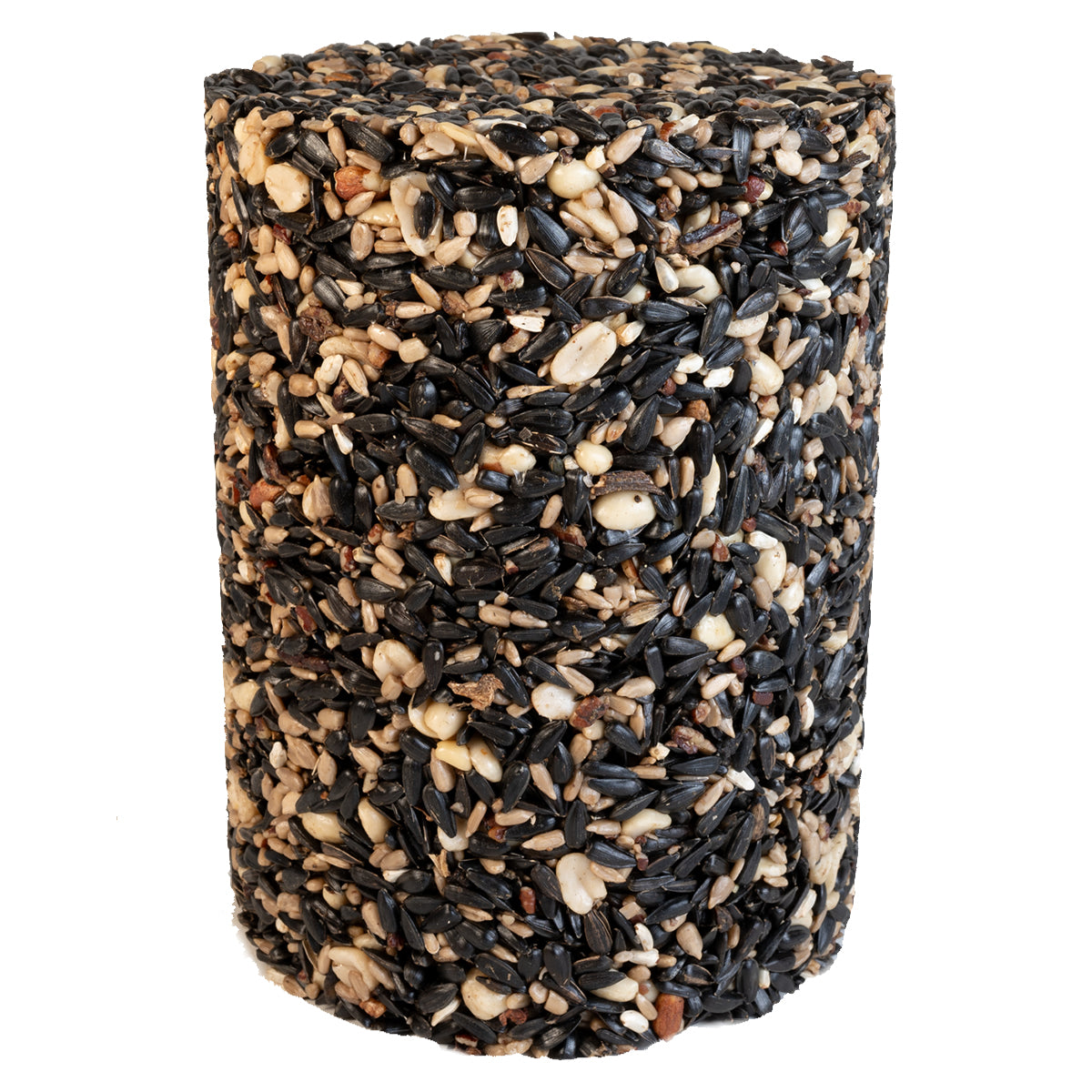 Duncraft Four Seasons Seed Cylinder Large, a cylindrical container filled with various grains, ideal for attracting diverse backyard birds year-round.