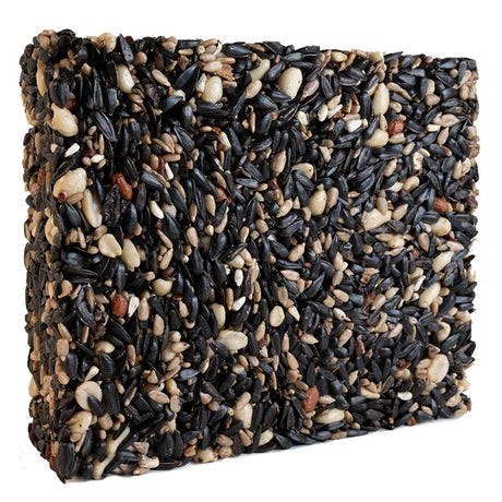 Four Seasons Seed Cake, Large, featuring a square mix of black and white grains, ideal for attracting diverse birds with its nutritious blend.