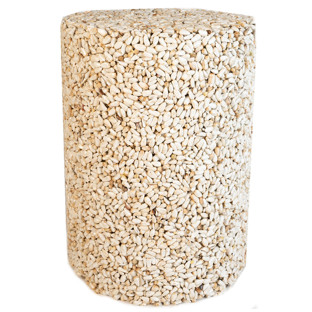 Duncraft Safflower Seed Cylinder Large, featuring a compact cylinder shape packed with white safflower seeds, designed for bird feeding and squirrel resistance.