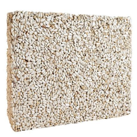 Duncraft Safflower Seed Cake, Large, a rectangular block packed with white safflower grains, ideal for attracting cardinals and chickadees, fits jumbo feeders.