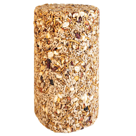Nuts & Bugs Seed Cylinder, Small: A compressed log of sunflower seeds, peanuts, dried fruits, and mealworms, designed for bird feeders to attract small wild birds.