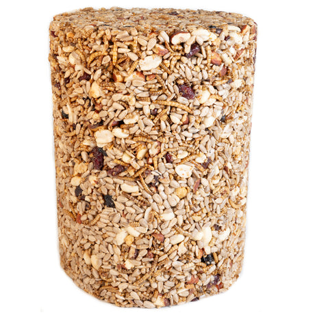 Duncraft Nuts & Bugs Seed Cylinder, Large; a compact, cylindrical bird food mix with visible nuts and seeds, appealing to nut and insect-loving birds.