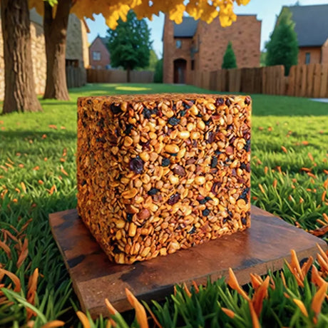 Sizzling Hi-Energy Woodpecker Jumbo Seed Block, a solid cube of mixed nuts and dried fruits, is displayed on a wooden board in a garden setting.