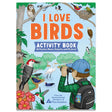 Children’s book cover of I Love Birds Activity Book with a young birdwatcher, diverse bird species, trees, and pond, emphasizing nature exploration.