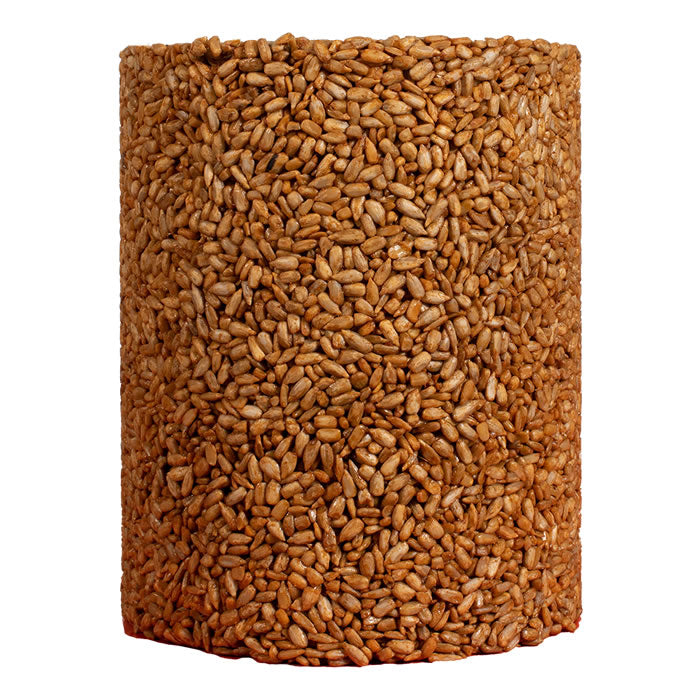 Burning Love Seed Log, Jumbo: A large cylindrical bird feed with whole sunflower hearts and capsaicin, designed to deter squirrels and fit most seed cylinder feeders.