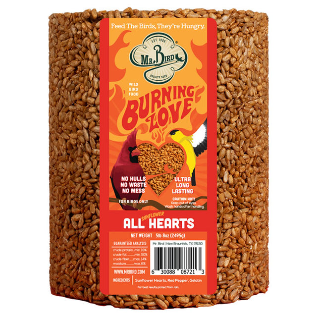 Burning Love Seed Log, Jumbo: A large container of spicy bird food with whole sunflower hearts and capsaicin, designed to deter squirrels and fit seed cylinder feeders.