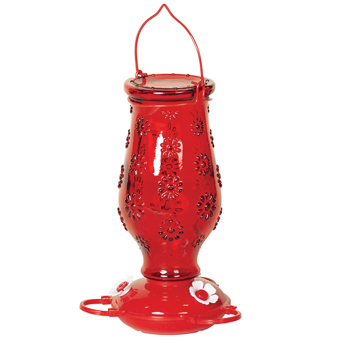 Red Floral Glass Hummingbird Feeder