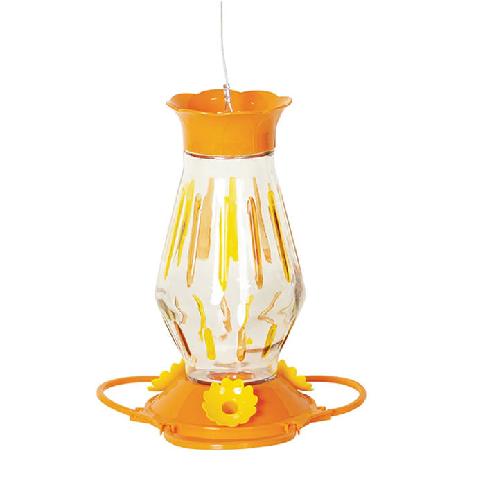 Coloured Stripes Glass Oriole Feeder, a round glass feeder with wire, featuring vibrant stripes, four feeding stations, and a translucent reservoir for nectar levels.