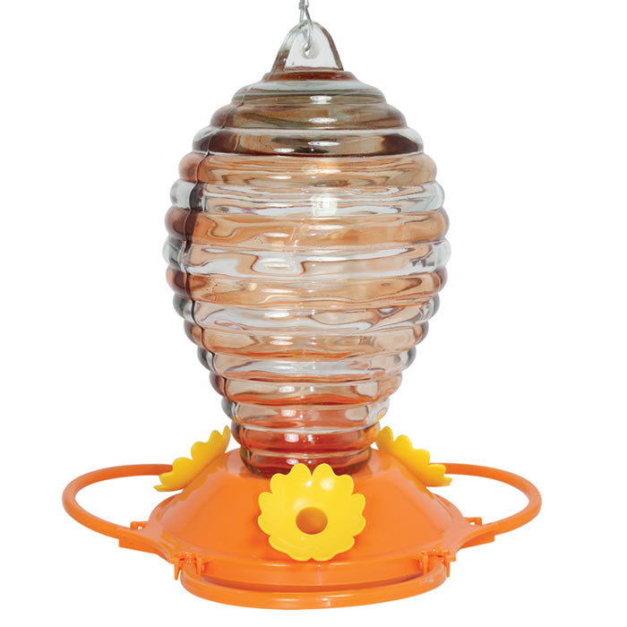 Glass Oriole Feeder with Painted Rings, featuring a beehive shape, yellow flower feeding ports, and a clear glass reservoir with orange rings.