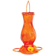 Orange Twist Glass Oriole Feeder with three flower feeding ports, a spacious perch, and a see-through reservoir. Features twist-off base for easy cleaning.