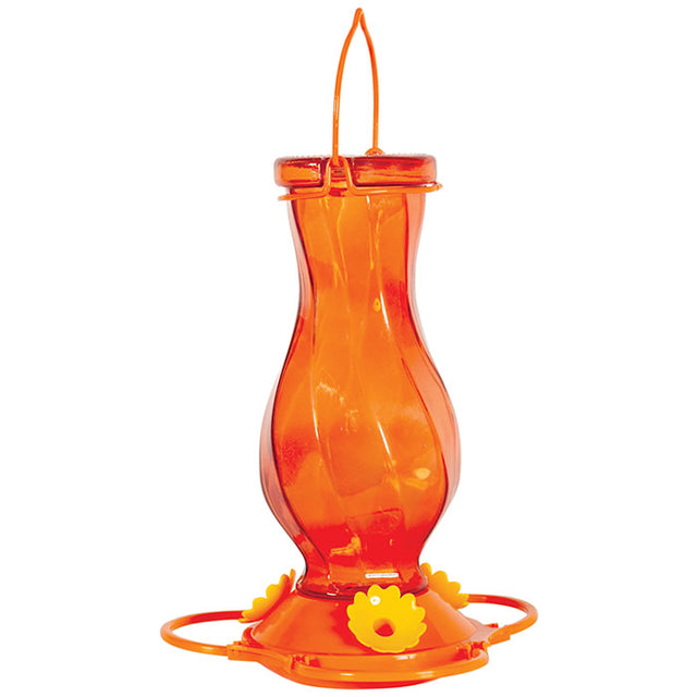 Orange Twist Glass Oriole Feeder with three flower feeding ports, a spacious perch, and a see-through reservoir. Features twist-off base for easy cleaning.