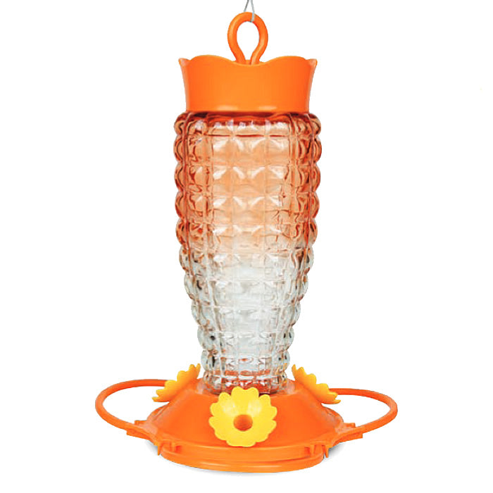 Textured Glass Oriole Feeder with built-in ant moat, three feeding stations, and twist-off base for easy refilling and cleaning. Clear glass reservoir with orange fade.