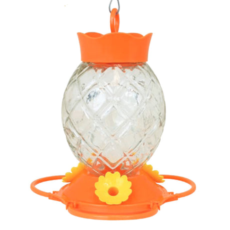 Diamond Pattern Glass Oriole Feeder with an orange base, built-in ant moat, yellow flower ports, and a clear glass reservoir, designed for easy cleaning and refilling.