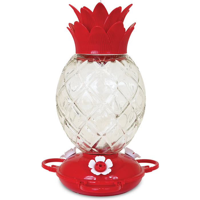 Pineapple Shape Glass Hummingbird Feeder with a decorative pineapple design, red base, three flower feeding stations, and a glass reservoir for easy nectar level viewing.