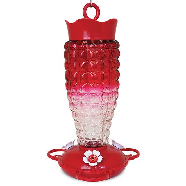 Textured Glass Hummingbird Feeder with a red fade, white flower feeding ports, and a red plastic base, featuring three feeding stations and an ant moat.