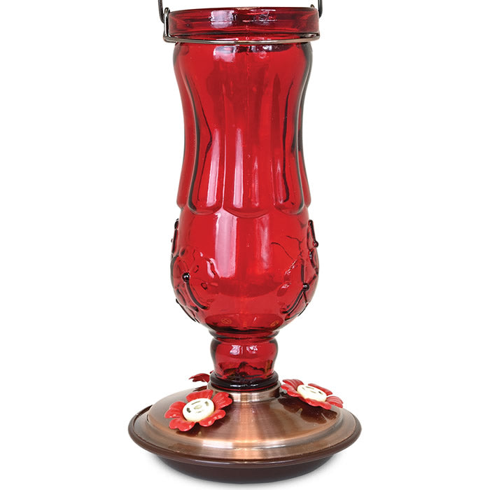 Vintage Style Glass Hummingbird Feeder with a handle, featuring a lustrous red glass design, 24 oz. capacity, and 3 feeding ports.