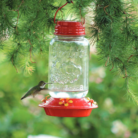 Mason Jar Glass Hummingbird Feeder with clear glass reservoir and four flower feeding ports, shown with a hummingbird feeding.