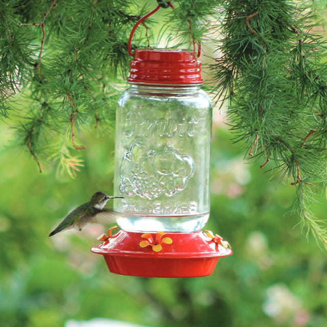 Mason Jar Glass Hummingbird Feeder with clear glass reservoir and four flower feeding ports, shown with a hummingbird feeding.