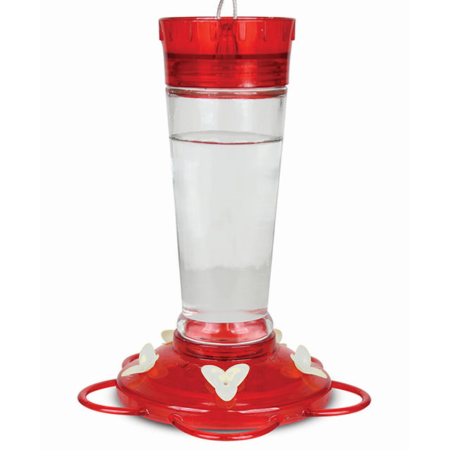 10 Oz. Glass Hummingbird Feeder with built-in ant moat, metal cable hanger, and five feeding ports.