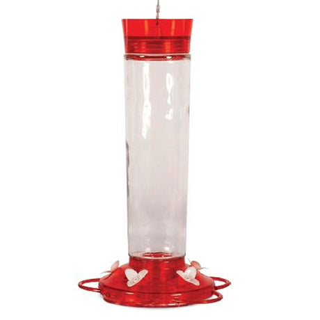 20 Oz. Glass Hummingbird Feeder with a red top, built-in ant moat, and clear reservoir. Features 5 feeding stations and an easy-to-clean design.