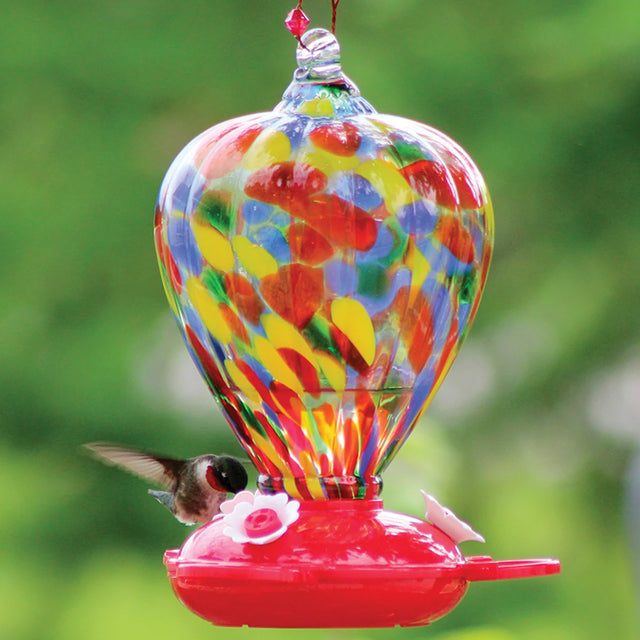 Art Glass Hummingbird Feeder Balloon with three perches, colorful glass reservoir, and decorative copper wire for hanging. Features three flower feeding stations.