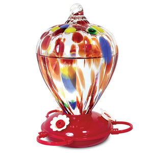 Art Glass Hummingbird Feeder Balloon featuring a translucent glass container with a red lid, three perches, and copper wire for hanging.