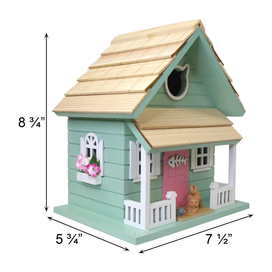 Kitty Cottage Birdhouse with measurements, featuring a compact design for garden birds, includes a clean-out and keyhole for easy hanging.