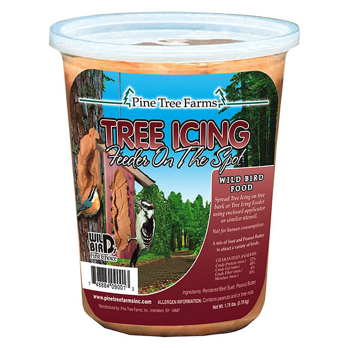 Tree Icing Suet Spread container with a label, designed for easy bird feeding by spreading on tree bark or feeders, made of suet and peanut butter.