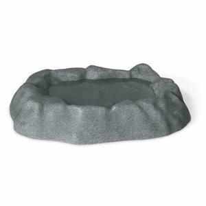 Ground Birdbath, Gray, with stonelike appearance, features multiple bathing levels and stable footing for birds. Made from durable plastic resin, safe for all weather.