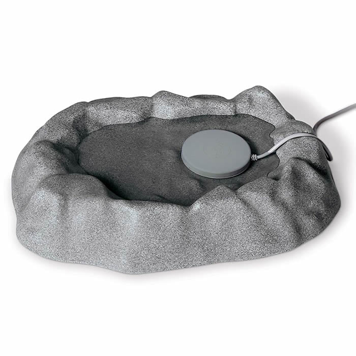 Ground Thermo-Birdbath 80 Watts, Gray, featuring a stonelike design with a corded, thermostatically controlled heater, ideal for providing ice-free water for birds in winter.