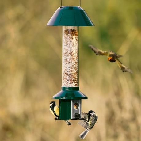 PestOff Squirrel Proof Green Metal Mixed Seed/Sunflower Feeder with spring-loaded perches, tit-type birds feeding, prevents squirrels, holds 2.5 lbs, easy top-fill design.