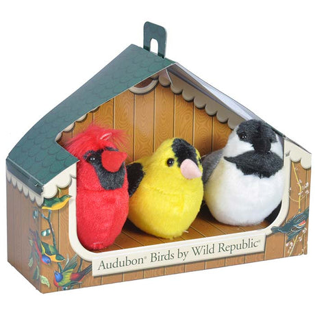 Audubon Birds Series 1, Set of 3: Realistic, plush birds (cardinal, goldfinch, chickadee) that sing authentic calls when squeezed. Perfect for birdwatching education.