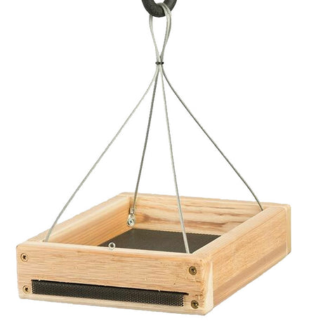 Cedar Hanging Tray Feeder with metal handle and perforated screen bottom for easy cleaning, designed to attract various birds, includes a metal cable for hanging.