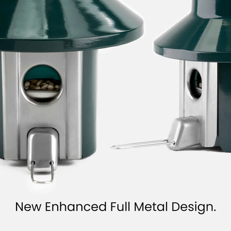 PestOff Squirrel Proof Bird Feeder 2.0 with metal design, clear seed tube, and spring-loaded perches, visible crank handle, and hopper for beans. Holds up to 4 lbs.