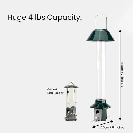 PestOff Squirrel Proof Bird Feeder 2.0, green metal with clear tube, 54 cm tall, holds 4 lbs seed, features spring-loaded perches to deter squirrels.