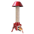 PestOff Squirrel Proof Feeder in red with birds feeding on two perches, featuring a clear seed tube and chew-proof feeding ports.