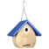 Hanging teardrop birdhouse with blue recycled-plastic roof and durable cedar construction.
