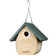 Teardrop cedar birdhouse with green recycled-plastic roof designed for wrens and chickadees.