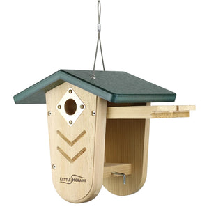Hanging cedar birdhouse with green recycled plastic roof and easy-clean side access.