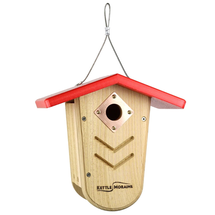 Hanging cedar birdhouse with red recycled plastic roof and durable cable hanger.