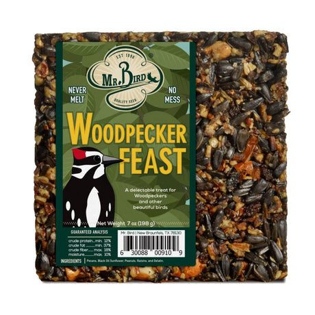 Woodpecker Feast Block Small, Set of 3: A square box containing 100% edible treat cakes for woodpeckers, featuring black oil sunflower seeds, peanuts, pecans, and raisins.