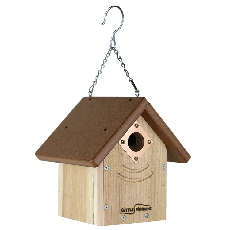 Decorative cedar nest box with brown recycled-plastic roof and predator-resistant entrance guard.