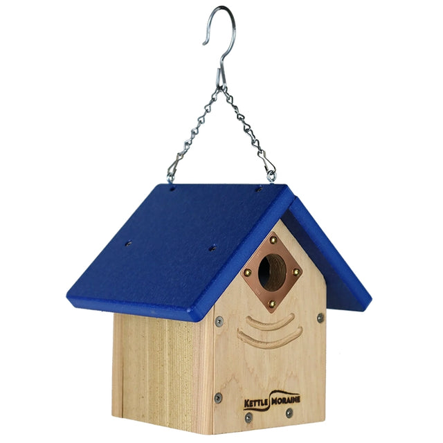 Decorative cedar nest box with blue recycled-plastic roof and predator-resistant entrance guard.