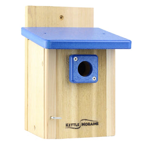 Cedar chickadee and wren nesting box with blue recycled plastic roof and predator-resistant entrance.